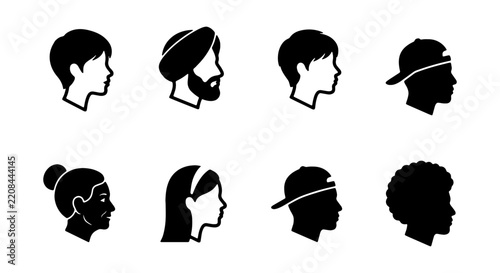 Diverse human profiles are shown as black silhouettes, representing different ages, genders, and cultural backgrounds against a white backdrop.