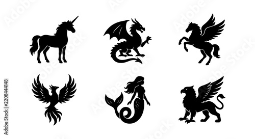 Mythical creatures including a unicorn, dragon, griffin, phoenix, mermaid, and pegasus are depicted as black silhouettes against a white background.