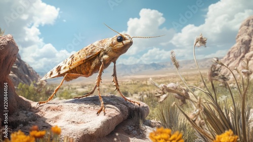 Desert insect on rock, panoramic landscape, sunny day, nature photography