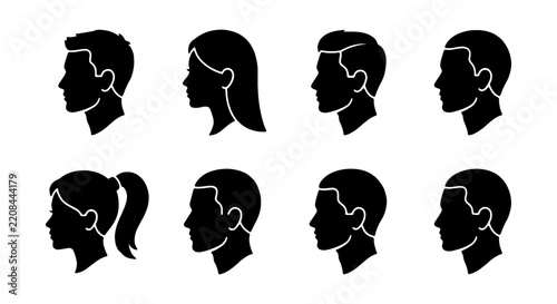 Profiles of diverse male and female heads are presented as black silhouettes against a plain white backdrop.