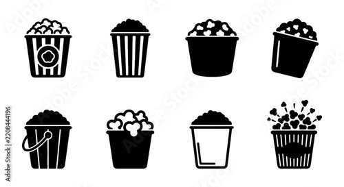 Several different styles of popcorn containers are depicted as black silhouette icons against a plain white background.