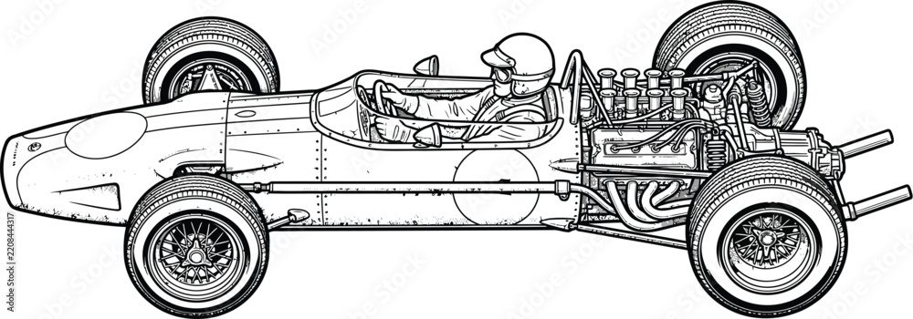 Obraz premium Vintage formula one race car with driver in black and white line art style