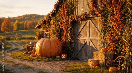 Large orange pumpkin in front of rustic barn in autumn