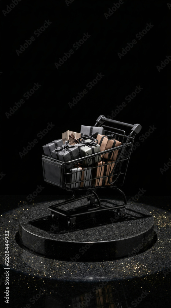 Fototapeta premium Shopping cart filled with wrapped gift boxes on a display platform. Black Friday retail shopping and holiday sales. E-commerce promotions, consumer spending and gift buying