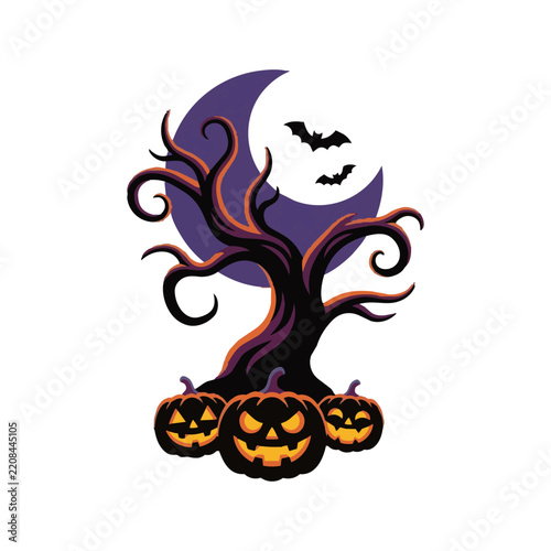 Halloween vector illustration with spooky dead tree, carved jack-o-lantern pumpkins, crescent moon, and bats