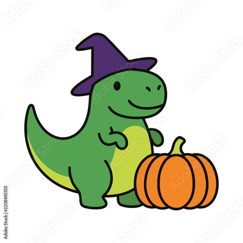 Cute cartoon dinosaur wearing witch hat with Halloween pumpkin vector illustration