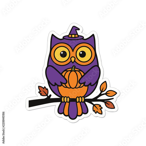 Cute Halloween purple owl wearing witch hat and holding pumpkin vector sticker