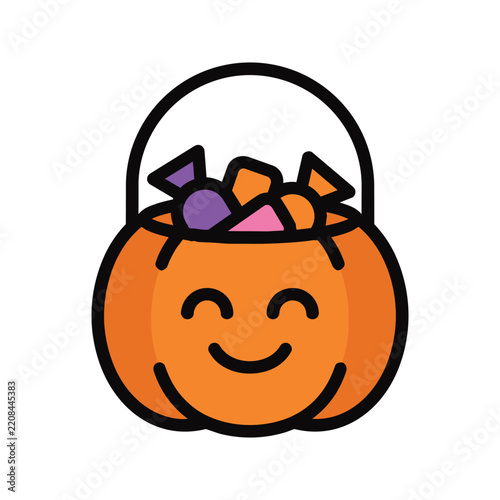 Cute cartoon Halloween pumpkin bucket filled with candy vector illustration