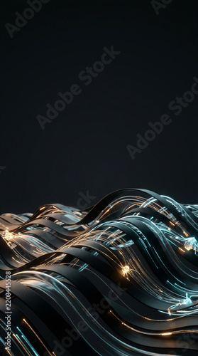 Abstract data ribbons with circuit traces on dark background. Artificial intelligence network visualization. Black Friday and Halloween campaign concept. Digital technology and cybersecurity