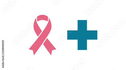 Pink ribbon and blue medical cross symbol representing breast cancer awareness and healthcare support