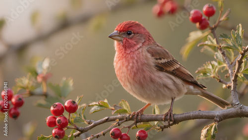 Male Red Finch House Finch Perched in Natural Green Habitat