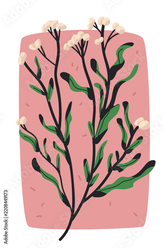 Botanical journal sticker elements floral branch illustration for scrapbooking and journaling hand drawn plant with green leaves on pink background