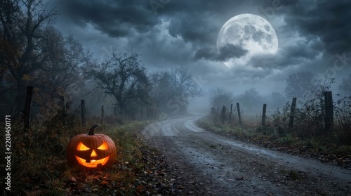 Spooky jack-o-lantern glows on a foggy rural road under a full moon