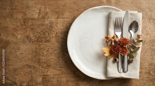 Elegant autumn table setting with flowers and cutlery on a rustic wooden surface