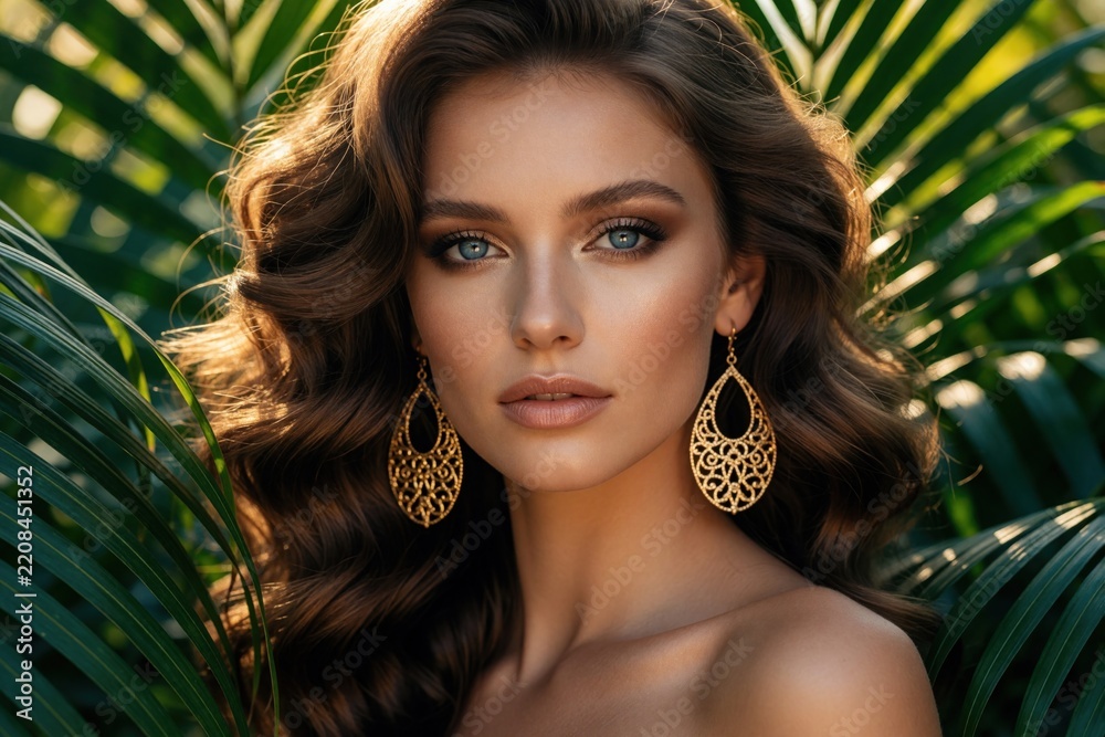 Naklejka premium Beautiful young brunette woman wears gold jewelry, elegant evening make up. Model poses with luxury earrings, wavy hair in tropical garden. Glamour portrait shows attractive female face with blue
