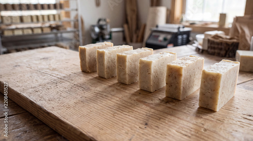 Hand-cut soap bars arranged on a wooden worktable