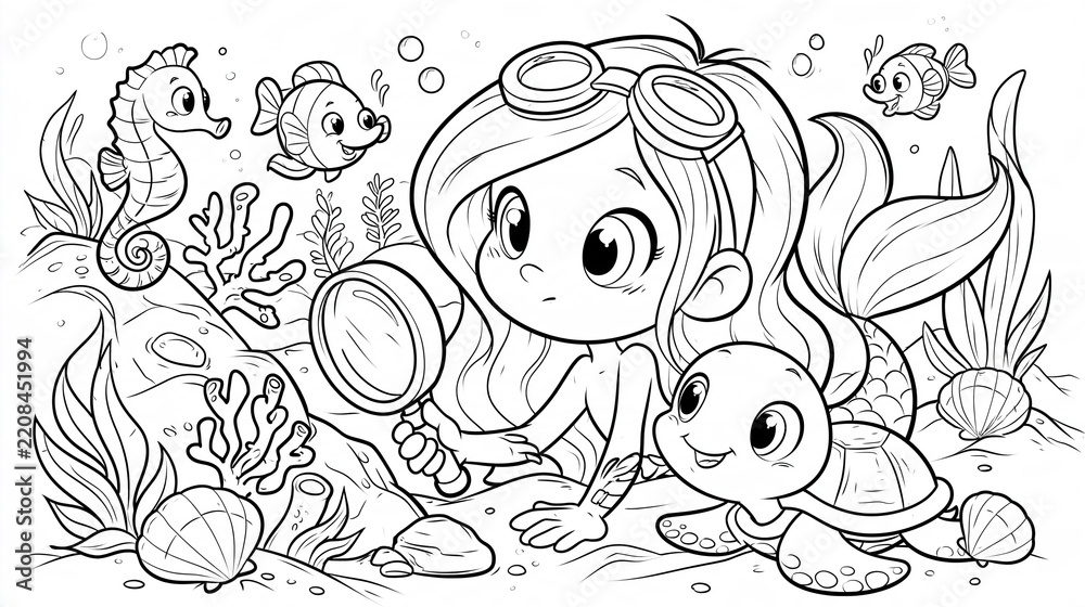 Fototapeta premium Young Mermaid Exploring Coral Reef Children’s Coloring Page