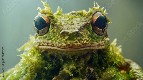 Close-up of a mossy frog in a humid forest
