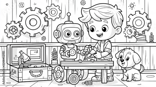 Young Inventor Building Friendly Robot Children’s Coloring Page