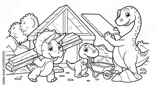 Friendly Dinosaurs Building a Museum Children’s Coloring Page