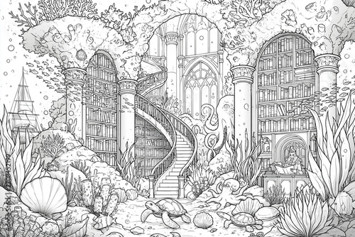 Whimsical Underwater Library Adult Coloring Page