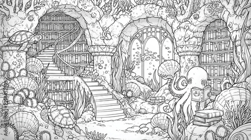 Whimsical Underwater Library Adult Coloring Page