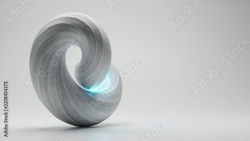 Abstract stone sculpture with glowing blue light center on a soft neutral light gray background