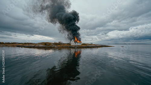 Burning Scandinavian House on Baltic Sea Coast in Autumn