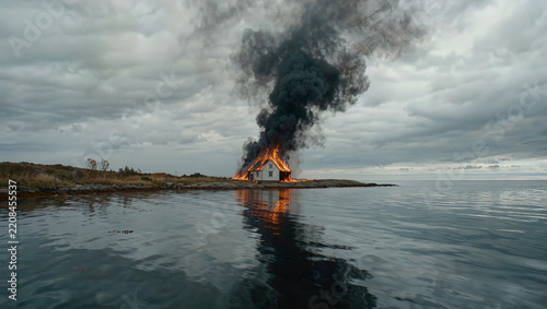 Burning Scandinavian House on Baltic Sea Coast in Autumn