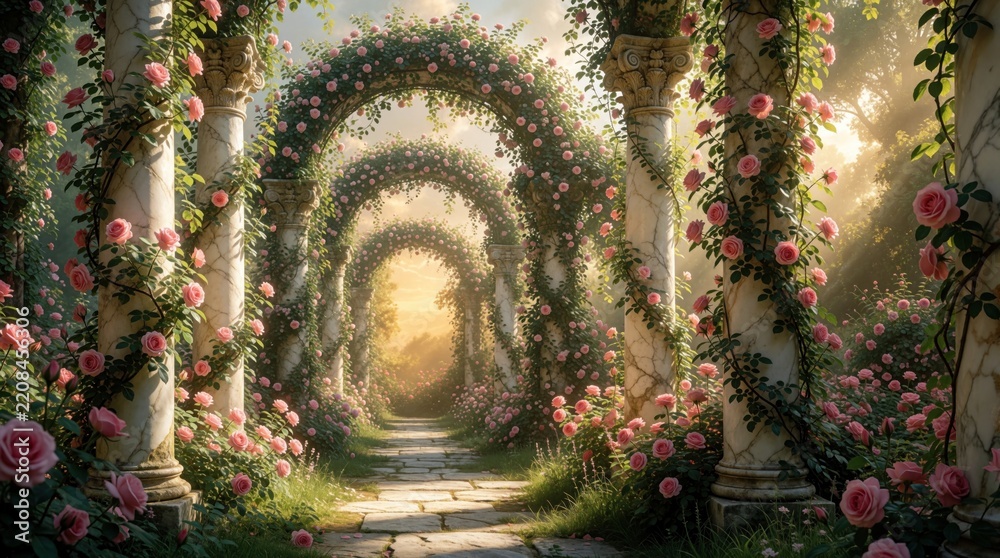 Obraz premium Enchanted garden with white marble columns covered in pink blooming roses. Stone path leads through romantic floral arches in mystical sunny park. Ethereal light shines through plants creating