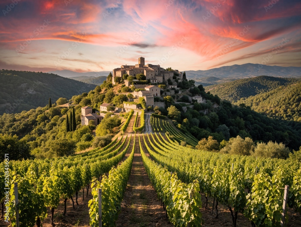 Obraz premium Old hilltop village sits above rich green vineyard during colorful sunset. Scenic landscape shows grape vines in foreground under pink clouds. Rural architecture, mountains create peaceful