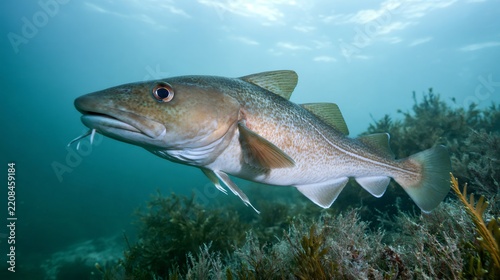 Atlantic cod swimming over seabed with sea plants