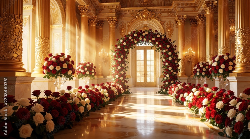 Obraz premium Golden ballroom interior decorated for luxury wedding ceremony. Red, white rose aisle leads to floral archway. Sunlight shines through columns in majestic palace hall. Elegant floral arrangements,
