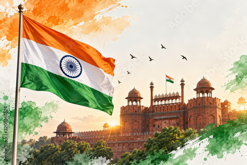 Indian flag waving in front of the Red Fort in Delhi, framed by greenery and artistic tricolor brushstrokes. Symbol of India, national heritage, culture and historical identity.