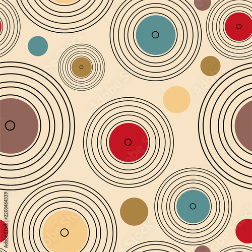 Seamless pattern print wallpaper with vinyl record discs music illustration vector retro style 60s, 70s, 80s, design art background for paper, textile, pack etc.	
