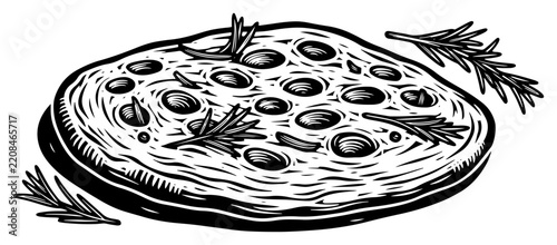 Pizza With Olives and Herbs Vintage Engraving