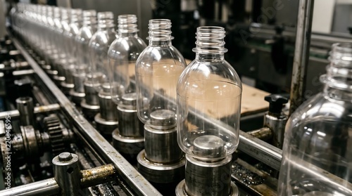 Plastic bottles moving on factory production line