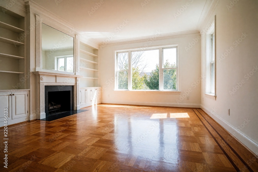 Obraz premium Empty bright living room with white walls, wooden parquet floor. Classic interior design features large windows, built in bookshelves, elegant fireplace. Spacious residential space with natural light