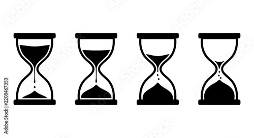 Four black and white hourglass icons displaying various stages of sand falling through time.