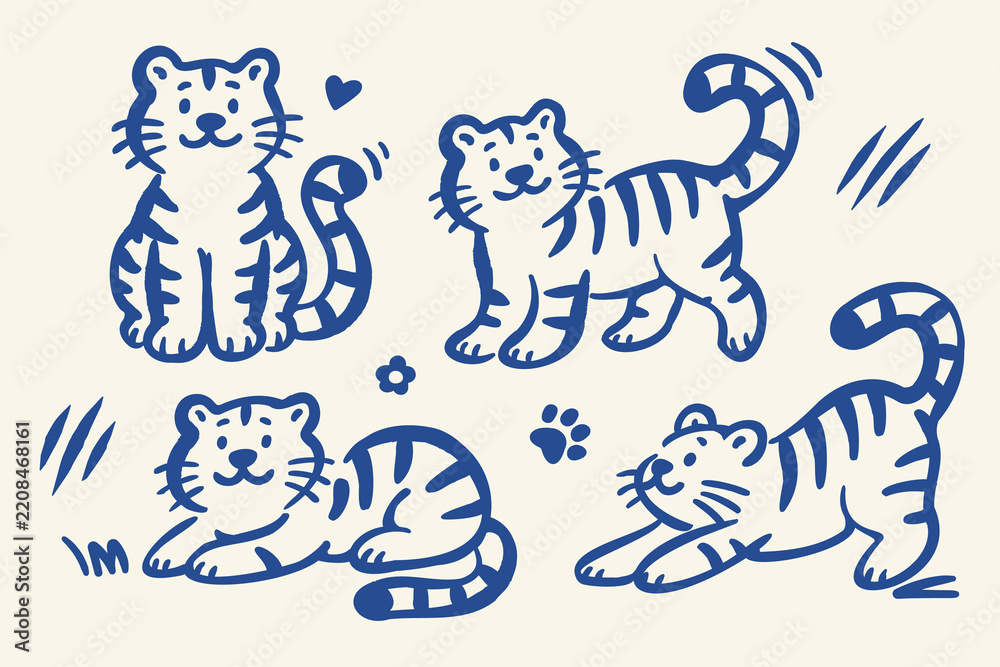 Fototapeta premium Cute hand drawn tiger doodle set with four playful tiger poses, paw print, heart and decorative elements in blue outline on a warm cream background.