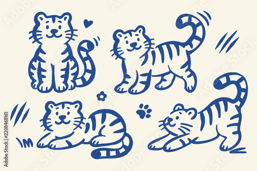Cute hand drawn tiger doodle set with four playful tiger poses, paw print, heart and decorative elements in blue outline on a warm cream background.