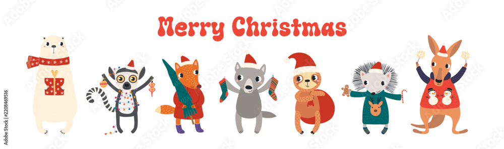 Obraz premium Cute animals in Santa Claus hats celebrating Christmas, with tree, sparklers, ornaments, stockings illustration. Cartoon characters. Holiday kids print, design element, card, banner. Hand drawn vector