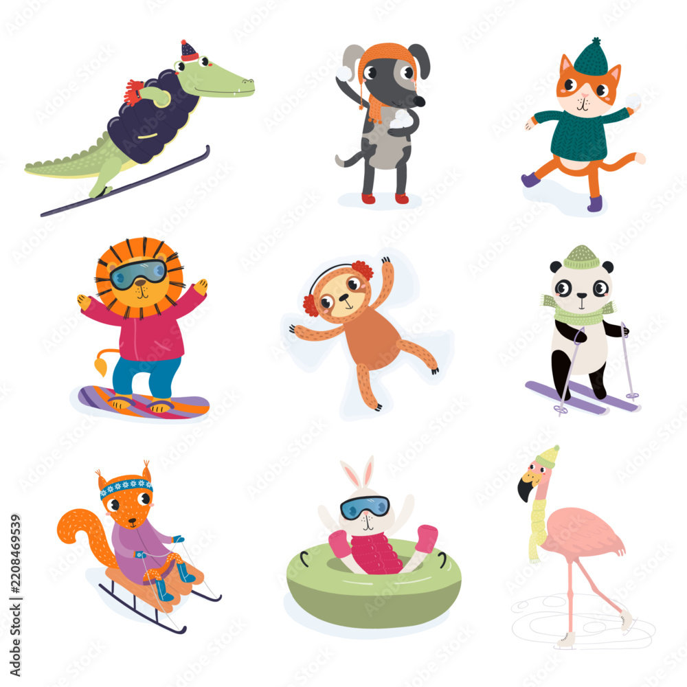 Obraz premium Cute animals outdoors winter activities illustration isolated set. Cartoon characters playing with snow, skiing, sledding, snowboarding, tubing, skating. Winter sports kids print. Hand drawn vector