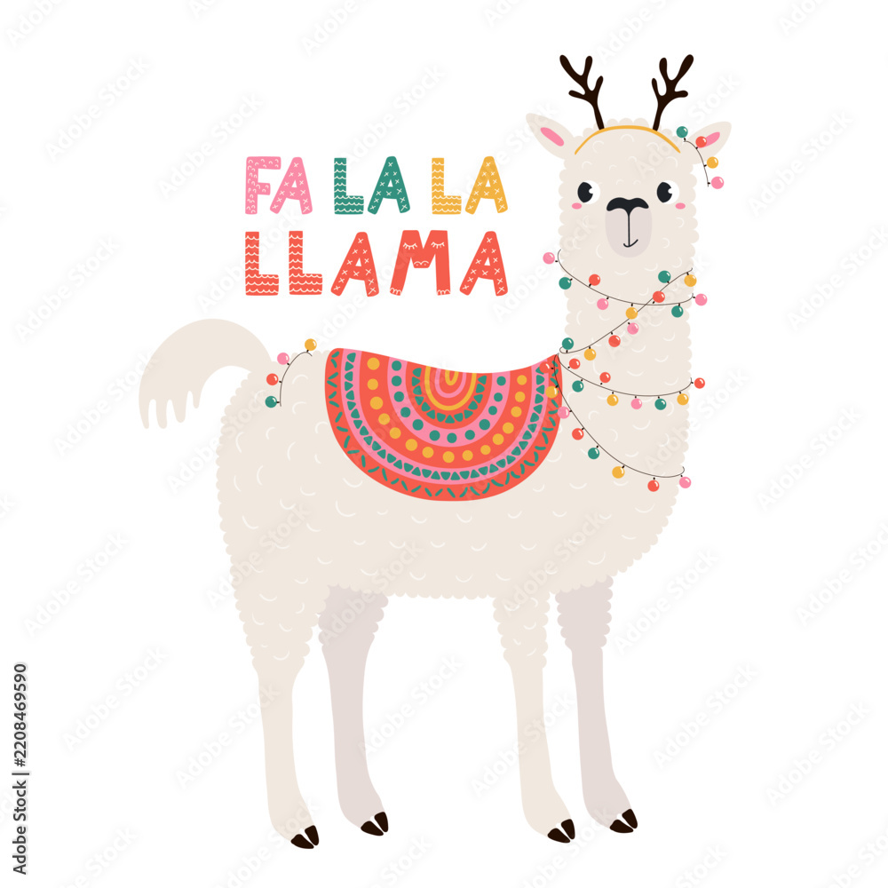 Obraz premium Cute funny llama in reindeer antlers, with lights, text Fa la la llama Christmas illustration. Cartoon animal character. Holiday kids print, design element, card, banner. Hand drawn vector