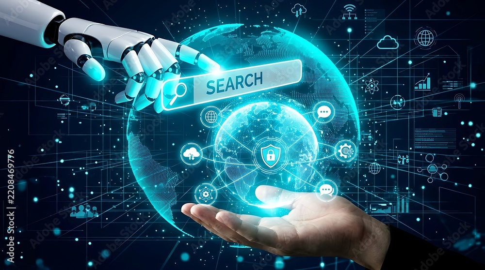 Obraz premium Robot hand and human hand holding a glowing globe with search bar and technology icons in a digital network