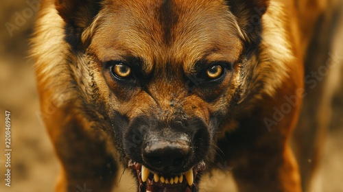 Close-up of German Shepherd dog's menacing face outdoors