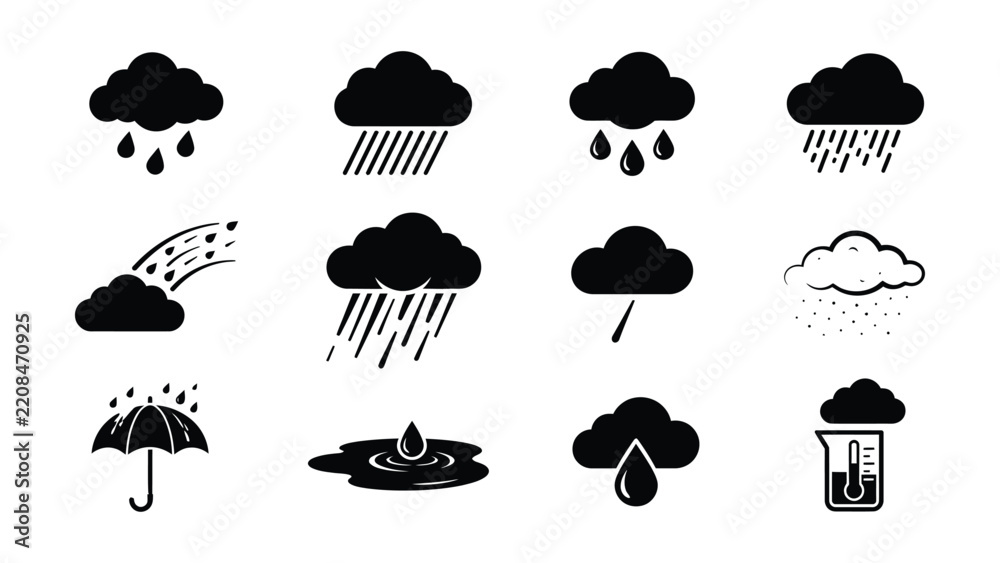 Obraz premium Various Weather Icons Showing Different Types Of Rainfall And Clouds