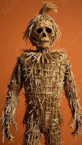 Creepy scarecrow figure with skull head and straw body