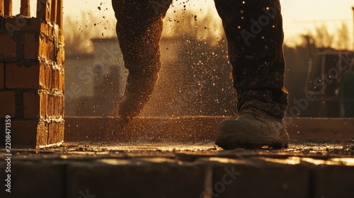 Construction worker's legs stepping on brickwork at sunset, with splashes of mortar