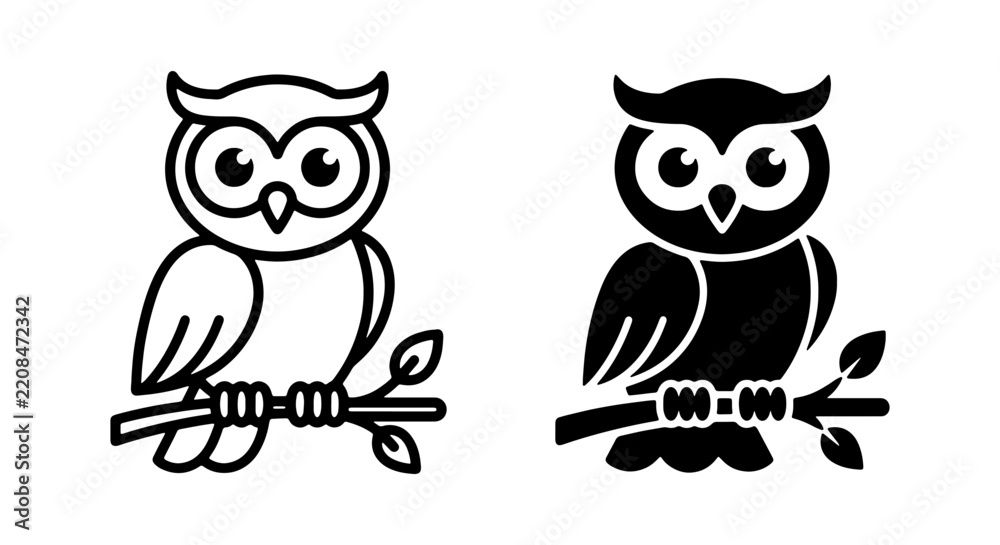 Fototapeta premium Owl icons sitting on a branch displayed in line art and solid black vector design.